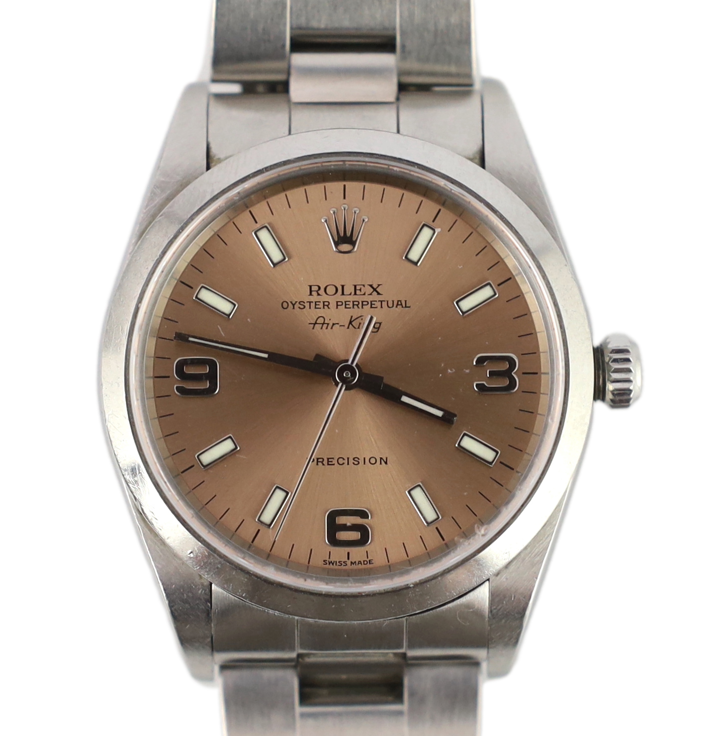 A gentleman's 2004 stainless steel Rolex Oyster Perpetual Air-King precision wrist watch, on a stainless steel Rolex bracelet